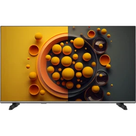 Vestel 43U9631 Ultra HD 4K LED televizyon, turuncu ve siyah soyut tasarım ekranıyla önden görünüm