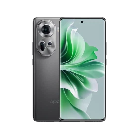 Oppo Reno 11 gri akıllı telefonun ön ekranı ve arka kamera modülünü gösteren vitrin görünümü