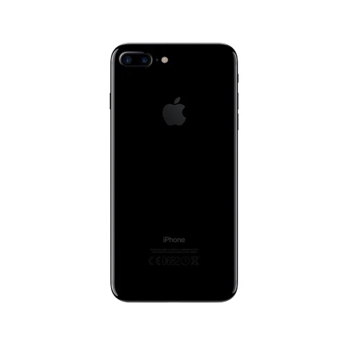Simsiyah Apple iPhone 7 Plus akıllı telefonun arka yüzü, çift kamera ve Apple logosu detayıyla