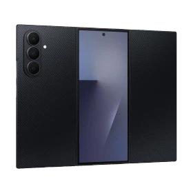 Samsung Galaxy Z TriFold siyah katlanabilir akıllı telefon, üç panelli ekran ve üçlü arka kamera tasarımı