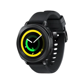 Samsung Gear Sport siyah akıllı saat, yuvarlak renkli ekranı ve silikon kayışıyla önden görünüm