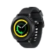 Samsung Gear Sport siyah akıllı saat, yuvarlak renkli ekranı ve silikon kayışıyla önden görünüm