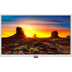 Axen AX32DAB3037-B HD Ready LED TV, beyaz çerçeveli ekranında gün batımı ve çöl manzarası gösteriyor
