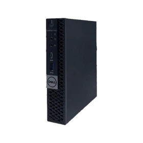 Dell OptiPlex 7070 Micro siyah kompakt masaüstü bilgisayarın önden ve yan görünümü