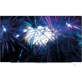 Beko B65 OLED 9795 5S Ultra HD 4K TV, ince ekranında renkli ışık gösterimiyle önden görünüm