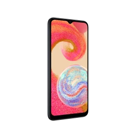 Siyah Samsung Galaxy A04e akıllı telefon, önden görünüm ve damla çentikli geniş ekran tasarımı