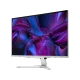 Acer Aspire C27-1655 masaüstü bilgisayar, beyaz çerçeveli ekranı ve mor renkli soyut duvar kâğıdıyla gösteriliyor