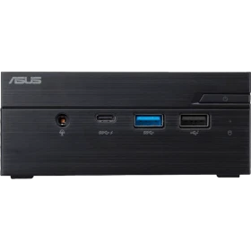 Asus Mini PC PN30 siyah masaüstü bilgisayarın ön paneli, güç düğmesi ve USB bağlantı noktalarıyla.