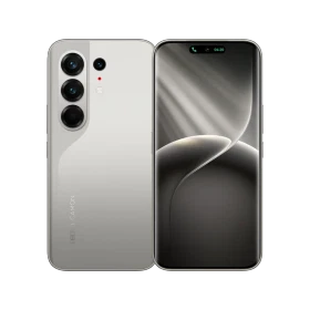 Tecno Camon 50 Pro titanyum akıllı telefon, ön ekran ve üçlü arka kamera tasarımıyla vitrin görünümü