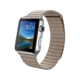 Apple Watch 42 mm gümüş paslanmaz çelik kasalı, taş rengi deri Loop akıllı saat