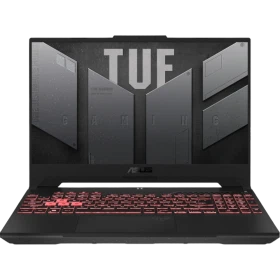 Asus TUF Gaming A15 2023 FA507NOR-LP107 koyu gri oyuncu laptop; RGB aydınlatmalı klavye önden görünüm