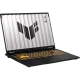Asus TUF Gaming F16 FX608JM-RV076 koyu gri oyuncu laptop, klavye aydınlatmalı ve ön ekran açık görünüyor