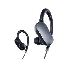 Xiaomi Mi Sport Kablosuz gri kulaklık, kulak kancalı iki parçalı tasarımıyla önden görünür.