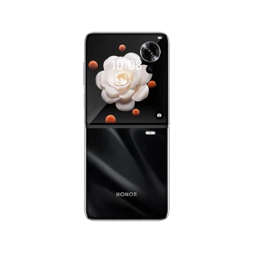 Honor Magic V Flip siyah katlanabilir akıllı telefon, kapalı halde ön ekran ve kamera modülü görünümü