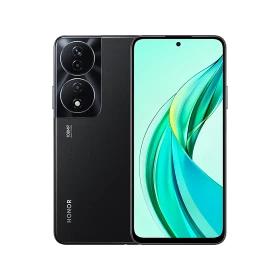 Siyah Honor 90 Smart akıllı telefonun ön ve arka görünümü, geniş ekran ve çift kamera tasarımı