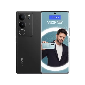 Siyah Vivo v29 5G akıllı telefon, ön ve arka görünüm; ince çerçeveli ekran ve çoklu kamera modülü