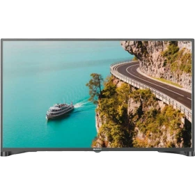 Sunny SN49DAL027 Full HD FHD TV, turkuaz deniz ve sahil yolunu gösteren siyah ekranlı televizyon