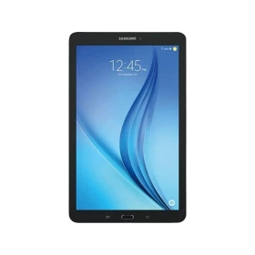 Samsung Galaxy Tab E SM-T560 Wi-Fi siyah tablet, kavisli mavi ekran görüntüsüyle vitrin ürünü.