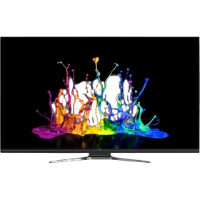 Beko B65L 9880 5S Ultra HD 4K TV, siyah ekranında renkli boya sıçramaları ve ince ayak tasarımı