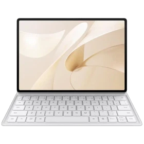 Huawei MatePad 12 X PaperMatte Edition 12 GB beyaz öğrenci tableti; dizüstü tarzı klavye ile ön görünüm.