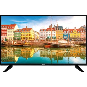 Vestel 43F8401 Full HD LED TV, renkli liman manzarası gösteren siyah ekranlı televizyon