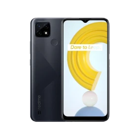 Realme C21 siyah akıllı telefon, ön ekran ve arka kamera tasarımıyla vitrin görünümü