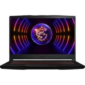 MSI Thin GF63 12VE-066US siyah oyuncu laptop ekranında ejderha temalı RGB ışıklandırma görülüyor