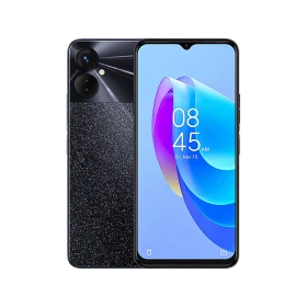 Tecno Spark 9 Pro siyah akıllı telefon, ön ekran ve arka çift kamera tasarımıyla vitrin görünümü