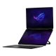 Asus ROG Zephyrus Duo 16 GX651AX-SR004W siyah oyun laptop ekranı açık, mor ışıklar ve klavye görünümü
