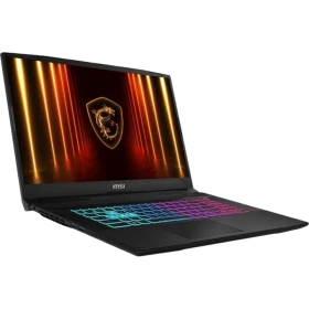 MSI Katana 17 HX B14WFKRNP08 siyah oyuncu laptop; RGB arka ışıklı klavye ve açık ekran görünümü