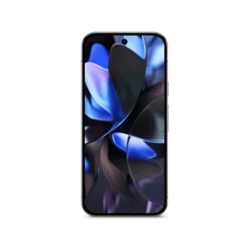 Siyah Google Pixel 9 Pro akıllı telefon, renkli soyut ekran arka planıyla dikey konumda gösteriliyor.