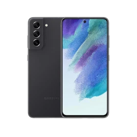 Samsung Galaxy S21 FE gri akıllı telefon, ön ve arka görünüm, üçlü arka kamera ve tam ekran tasarım