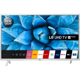 LG 49UN73906LE Ultra HD 4K LED televizyon, beyaz ayaklı ekranda mavi çiçek görseli