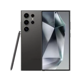 Samsung Galaxy S24 Ultra Titanyum Siyah akıllı telefonun ön ve arka görünümü, S Pen ile birlikte