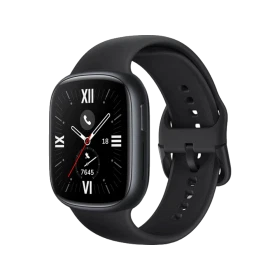 Honor Watch 4 siyah akıllı saat, silikon kayış ve dikdörtgen dokunmatik ekranıyla önden görünür