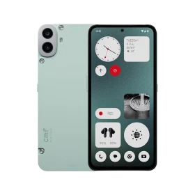 Nothing CMF Phone 1 yeşil akıllı telefonun ön ve arka yüzü, çift kamera ve renkli arayüzüyle birlikte