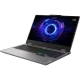 Gri Lenovo LOQ 15IRX10 oyuncu laptop, açık kapaklı tasarım ve RGB aydınlatmalı klavye ile önden görünüm