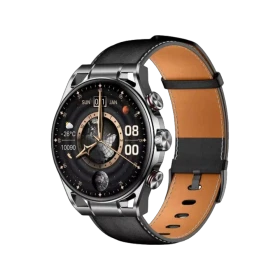 Xiaomi Heyplus GTR siyah akıllı saat, kahverengi ve siyah deri kayışıyla önden görünür.
