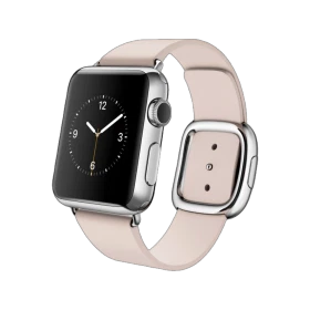 Apple Watch 38 mm gümüş paslanmaz çelik kasalı akıllı saat, açık pembe kayış ve modern toka