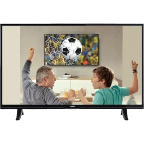 Vestel 55FA7300 Full HD LED televizyon, siyah çerçeveli ekranında futbol izleyen baba ve oğuluyla gösteriliyor