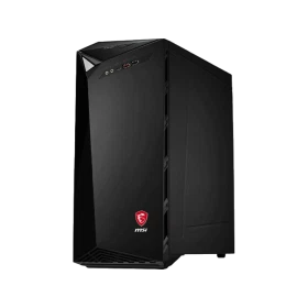 MSI Infinite 8RB-228XTR masaüstü bilgisayar kasası, siyah tasarımı ve ön bağlantı noktalarıyla önden görünüm