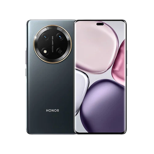 Honor X9C siyah akıllı telefon, ön ekran ve büyük dairesel arka kamera modülüyle vitrin görünümü