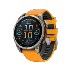 Garmin Fenix 8 47mm Sapphire titanyum akıllı saat, turuncu kayış ve siyah kadranla önden görünüm