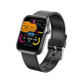 Tecno Watch 2 siyah akıllı saat, renkli ekranı ve ayarlanabilir silikon kordonuyla önden görünüm