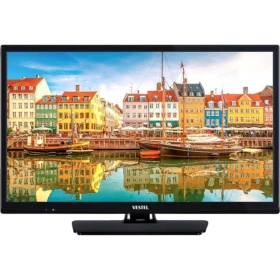 Vestel 24FD5550 Full HD FHD LED televizyon, siyah çerçeveli ekran ve şehir manzaralı görüntü