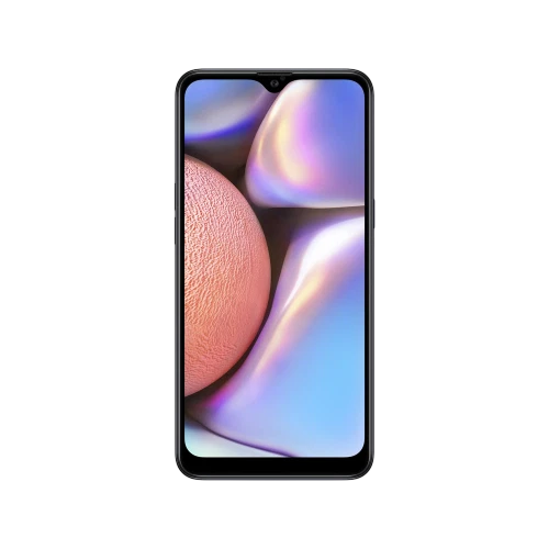 Samsung Galaxy A10s siyah akıllı telefon, ön yüz ve ekran tasarımıyla vitrin çekimi