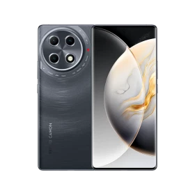 Tecno Camon 30s Pro gri akıllı telefon, geniş ekran ve dairesel çoklu arka kamera tasarımıyla önden-arkadan görünüm
