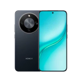 Siyah Honor Turbo telefonun ön ve arka yüzü, geniş ekranı ve yuvarlak kamera modülüyle birlikte gösteriliyor