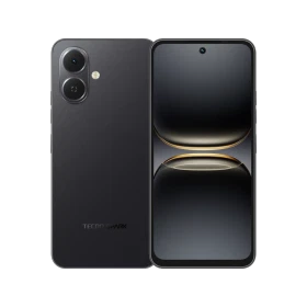 Tecno Spark GO 2 siyah akıllı telefonun ön ve arka yüzü, çift kamera ve ekran tasarımıyla vitrin görünümü