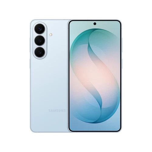 Mavi Samsung Galaxy S26 Plus akıllı telefon, ön ekran ve üçlü arka kamera tasarımıyla vitrin görünümü